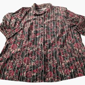 Vintage‎ CJ Banks Blouse Plus Size 3X XXX Black Pink Floral Stripe Button Front
